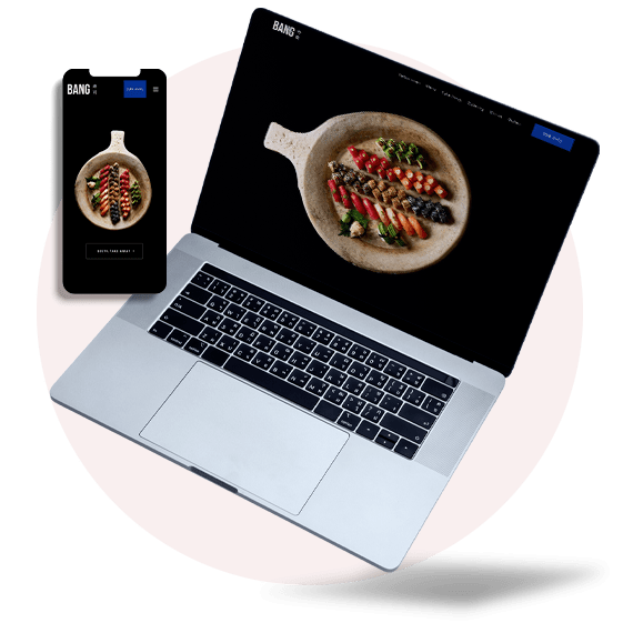 bang bang sushi website med beige cirkel i baggrunden